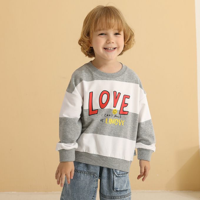 童趣圓領條紋長袖上衣-LOVE-灰色