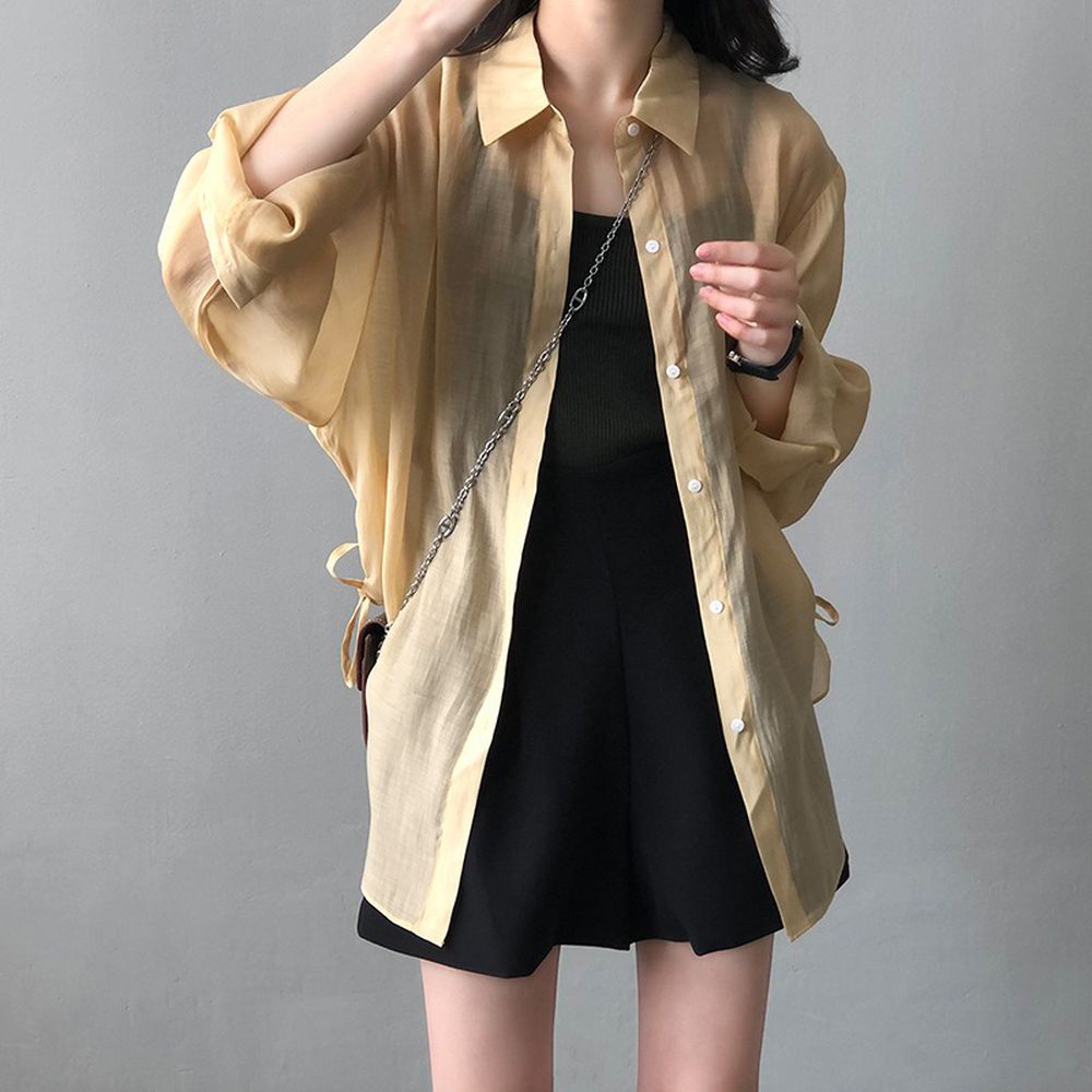 透膚感薄長袖襯衫-側開衩綁帶-暖黃色