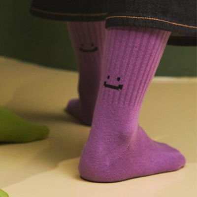 韓國連線 - 韓製彈力好穿中筒襪-笑臉-紫 (Free[230~270mm])-1雙