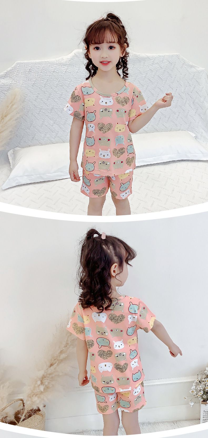 純棉兒童短袖家居服套裝-小女孩-白色