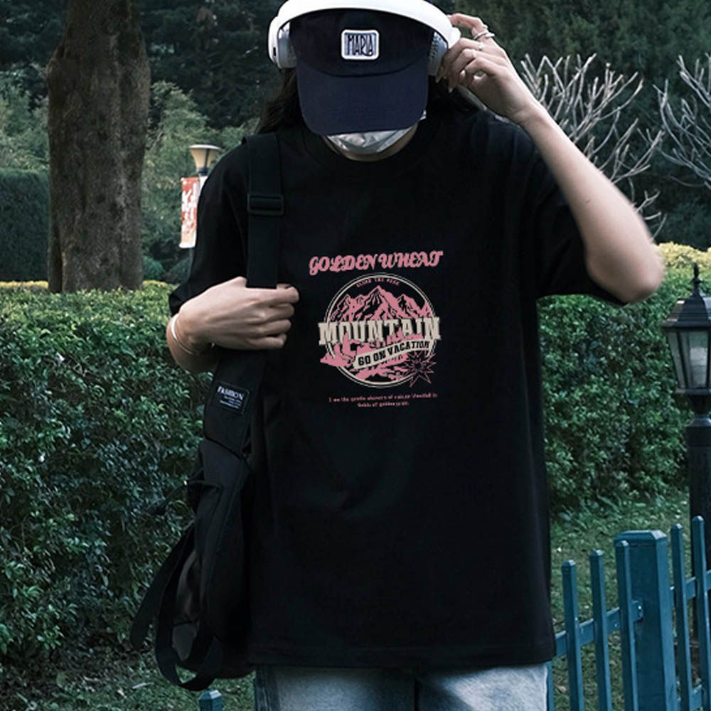 純棉寬版印花T恤-粉色山脈-黑色