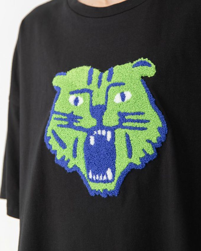 日本 gleam - 逗趣老虎相良刺繡寬大風短袖T恤-橘老虎-燕麥灰