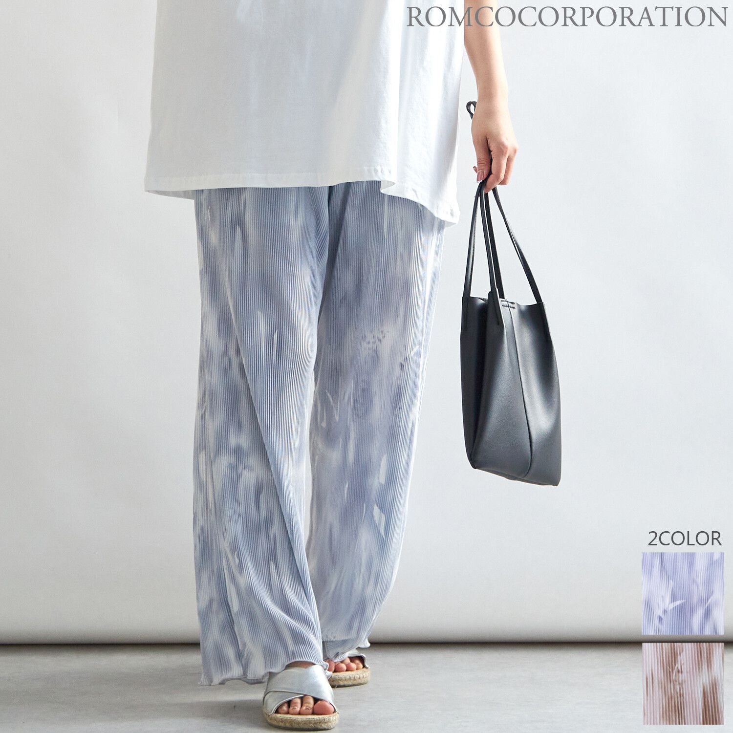 日本女裝代購 - 水波染風琴褶彈性寬褲-灰藍系 (M(Free size))