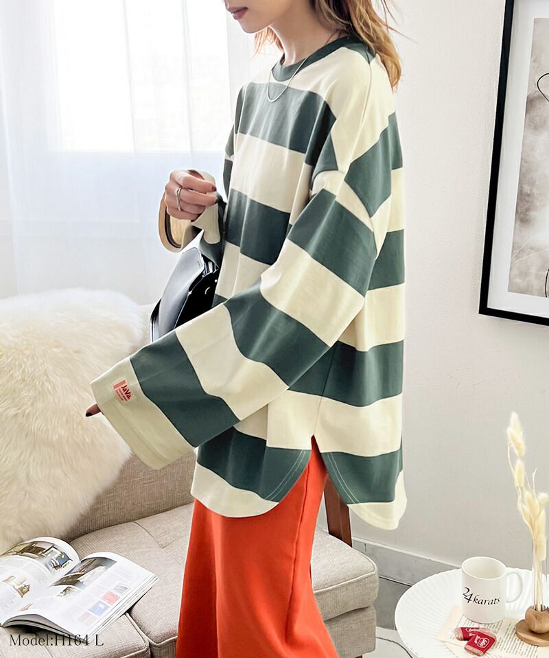 日本 Classical Elf - 美式休閒落肩長袖上衣-寬版條紋-米杏x棕