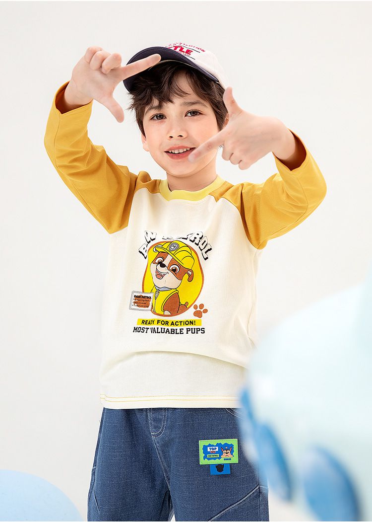 卡通汪汪隊棉質拼色圓領長袖上衣-卡通人物小礫-黃+白