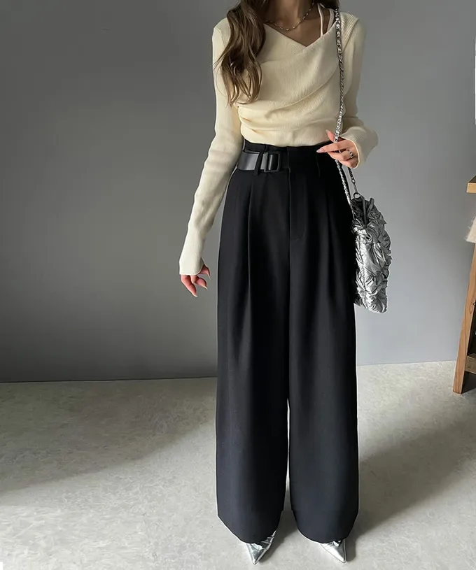 日本 Classical Elf - 腰帶造型粗花呢高腰美腿寬褲-炭灰