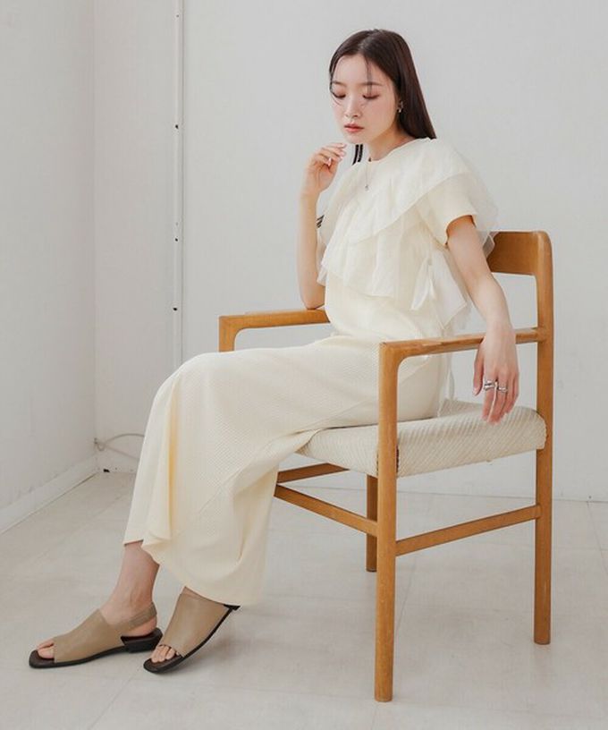 日本 Bab - 不對稱交叉薄紗拼接短袖洋裝-淺灰