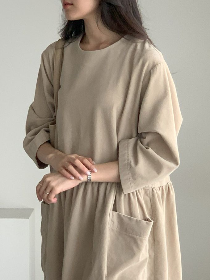 韓國女裝連線 - 極簡大口袋燈芯絨連身洋裝-米杏 (FREE)