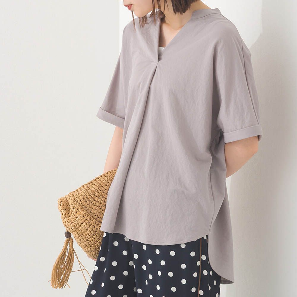 接觸涼感 嫘縈休閒V領前短後長上衣-灰棕