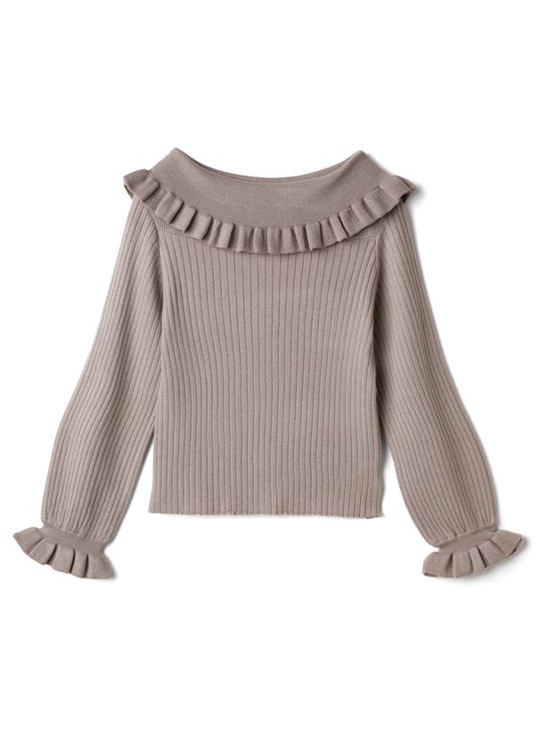 日本 GRL - 小荷葉邊一字領針織長袖上衣-黑