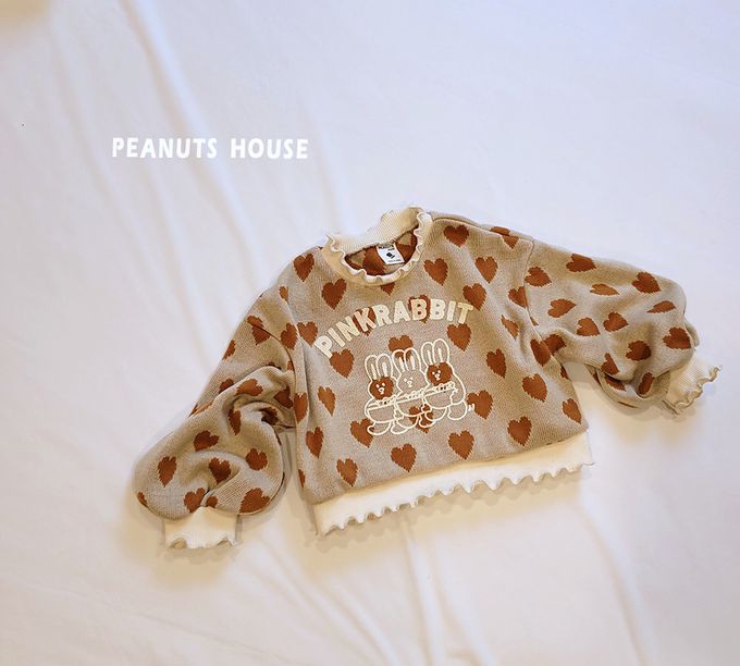 韓國 Peanuts House - 滿版愛心兔兔花領澎袖針織上衣-紅