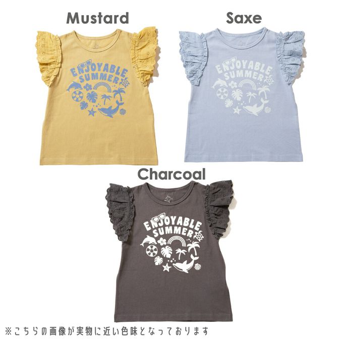 日本 evercloset - 100%棉 蕾絲荷葉邊印花短袖上衣-水藍