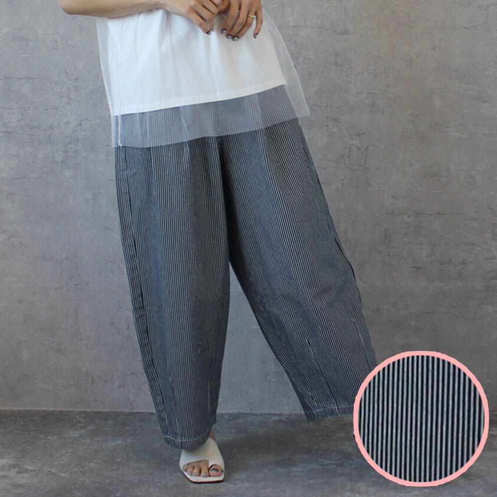 [熱銷款] 超藏肉休閒錐形美腿褲-丹寧-條紋海軍身深藍