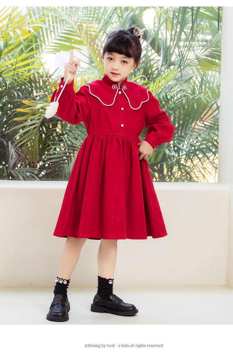 娃娃領燈芯絨長袖洋裝-卡其色