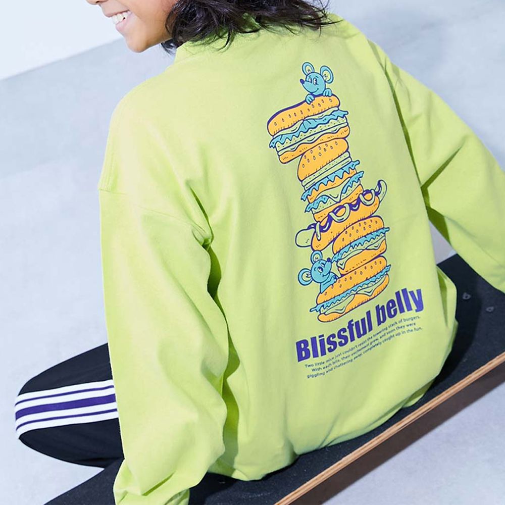 100%棉 定番印花寬版長袖上衣-漢堡疊高-黃綠