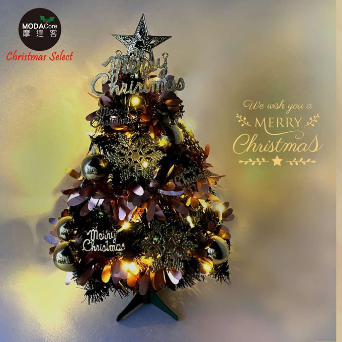 MODACore 摩達客 - 摩達客耶誕-2尺/2呎(60cm)特仕幸福型裝飾黑色聖誕樹 (香檳雙金系全套飾品)+20燈LED燈插電式暖白光*1/贈控制器/本島免運費