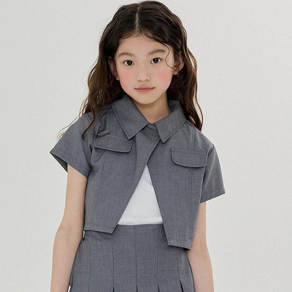 學院風假口袋交叉領短袖外套-灰