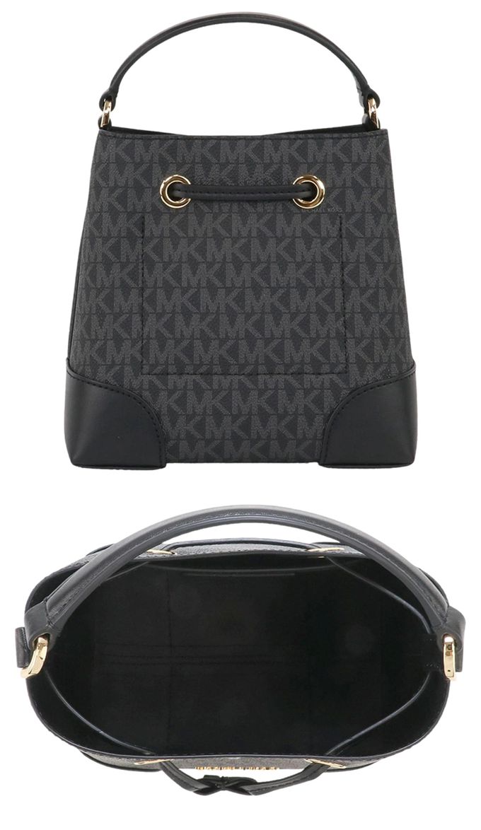 MICHAEL KORS - 滿版LOGO拼接皮革水桶包 (黑灰)