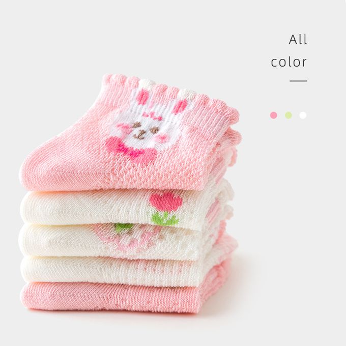 love, charlotte - 粉紅花朵兔兔網眼短筒棉襪 (XL (腳長19-21cm))-5 雙一組