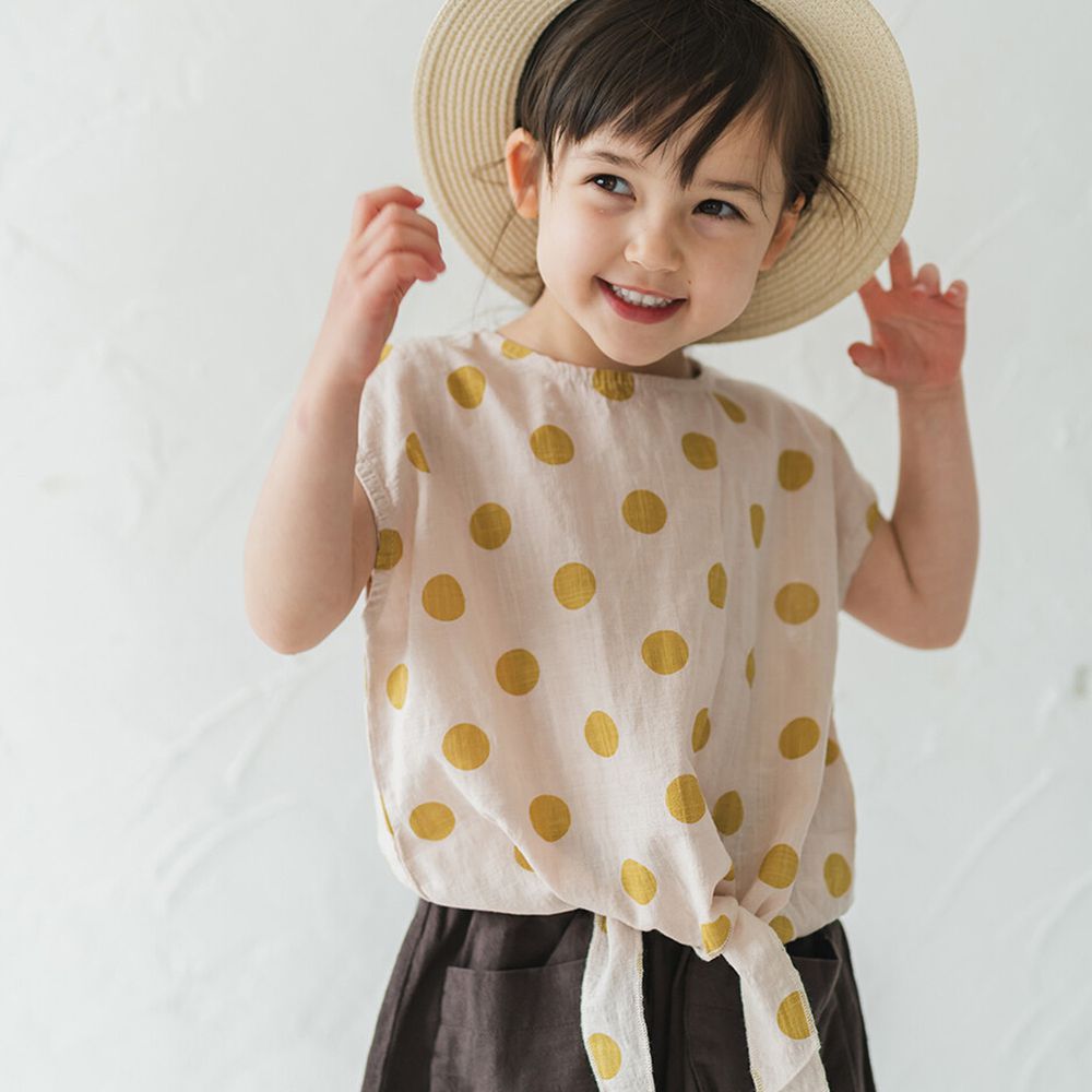 日本 riziere - 純棉復古大圓點前綁帶無袖上衣-黃點