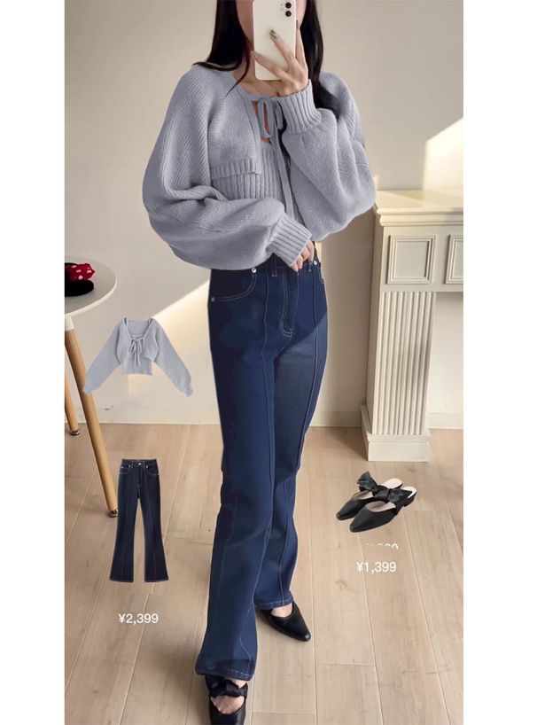 日本 GRL - 羅紋針織內搭泡泡袖外套兩件組-寶貝藍