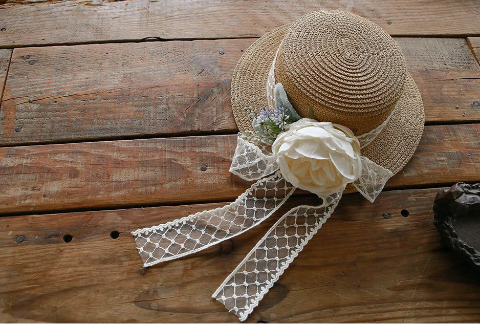 韓國 PuellaFLO - 唯美花朵菱格紋蕾絲草帽 (3-7Y適用)