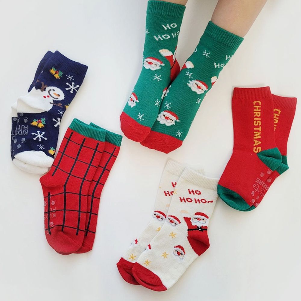 (五入組)韓製兒童中筒襪-格紋聖誕節