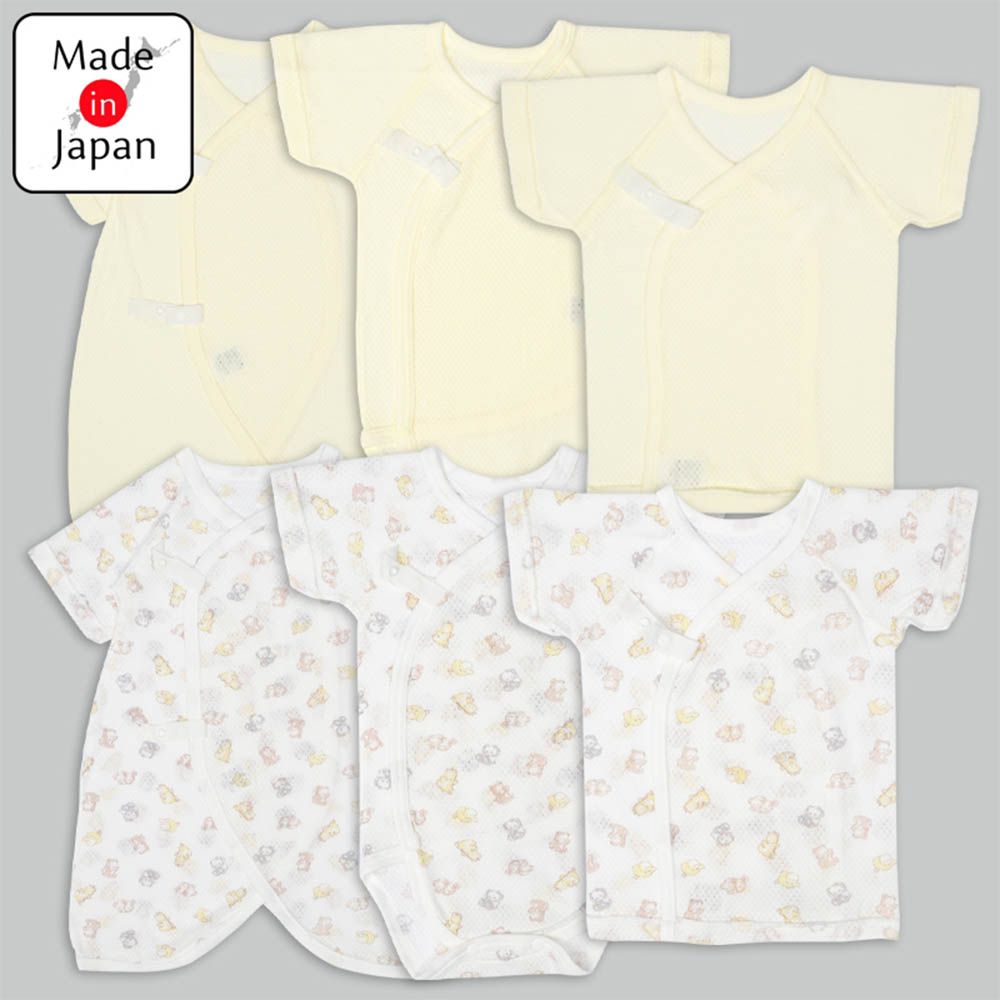 新生兒網眼內衣6件組按扣-短袖、7分袖 動物-奶油色 (50~60cm)-日本製