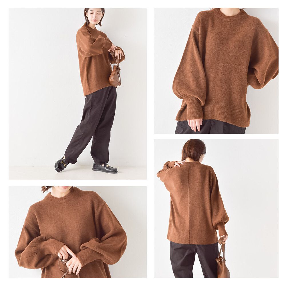 日本 OMNES - 羊毛混柔軟氣球袖毛衣-象牙杏