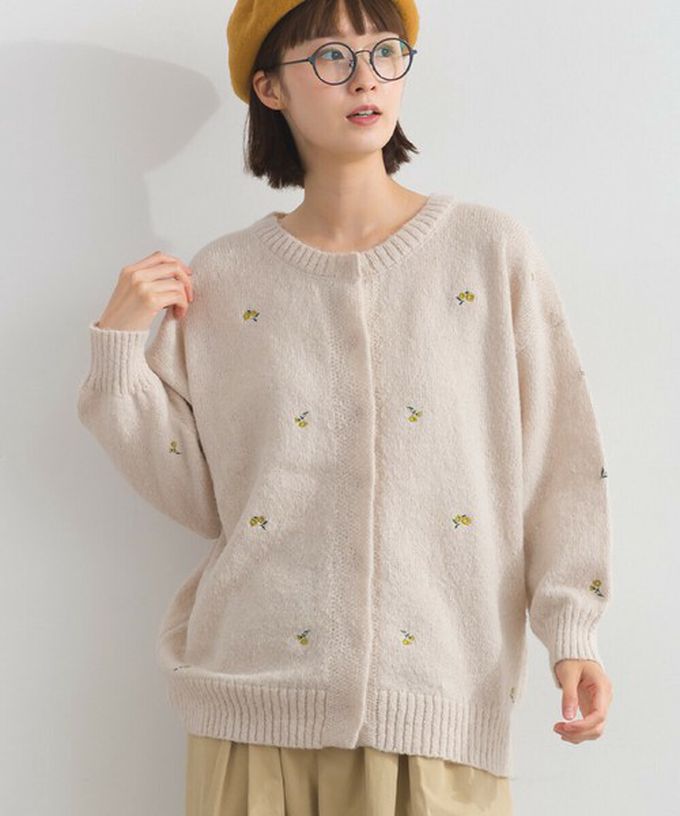 日本 Lupilien - 低調小花刺繡圓領開襟針織外套-象牙