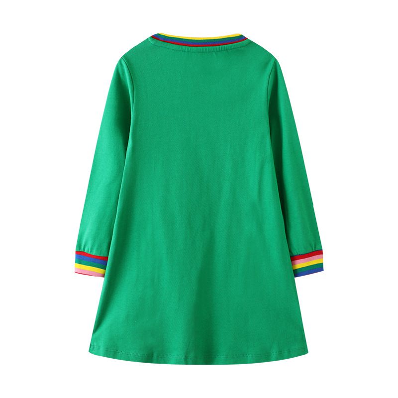 Jumping meters - 棉質圓領長袖連身洋裝-可愛貓貓-綠色