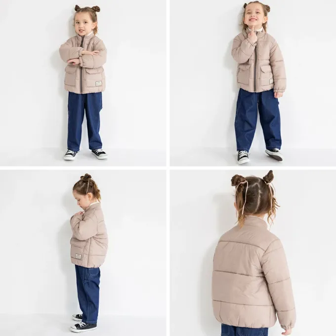 日本 BRANSHES - 簡約素色蓬鬆溫暖鋪棉外套(可機洗)-淺灰棕