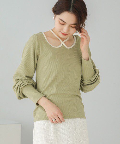 日本 Bab - 2WAY氣質綁帶羅紋泡泡袖上衣-米杏