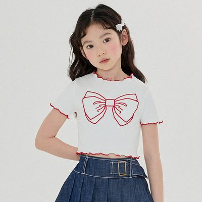 韓國 FORK CHIPS - 蝴蝶結刺繡木耳邊短袖上衣-白