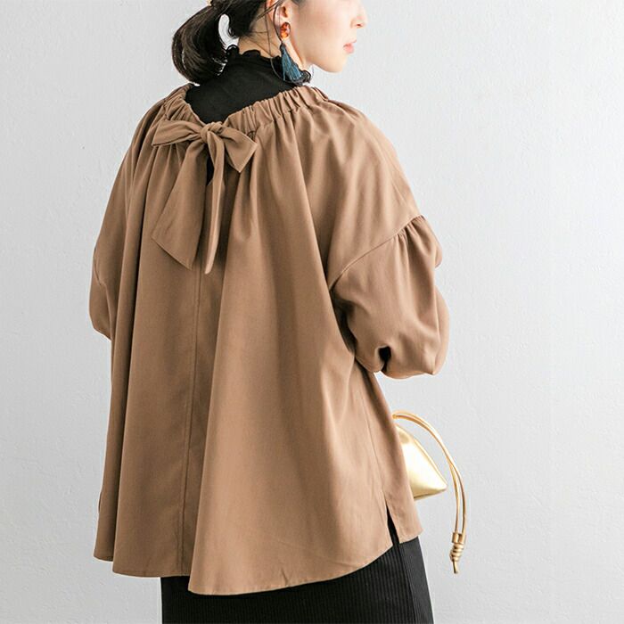 日本 ihuu - 甜美氣質後綁帶長袖上衣-橄欖綠