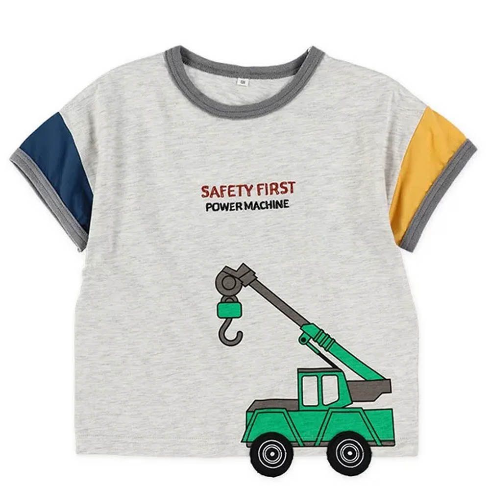 工程車印花撞色短袖上衣-淺灰