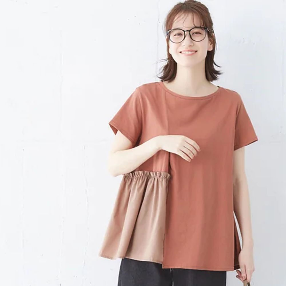 日本 BELLUNA - 異材質拼接寬鬆短袖上衣-磚橘