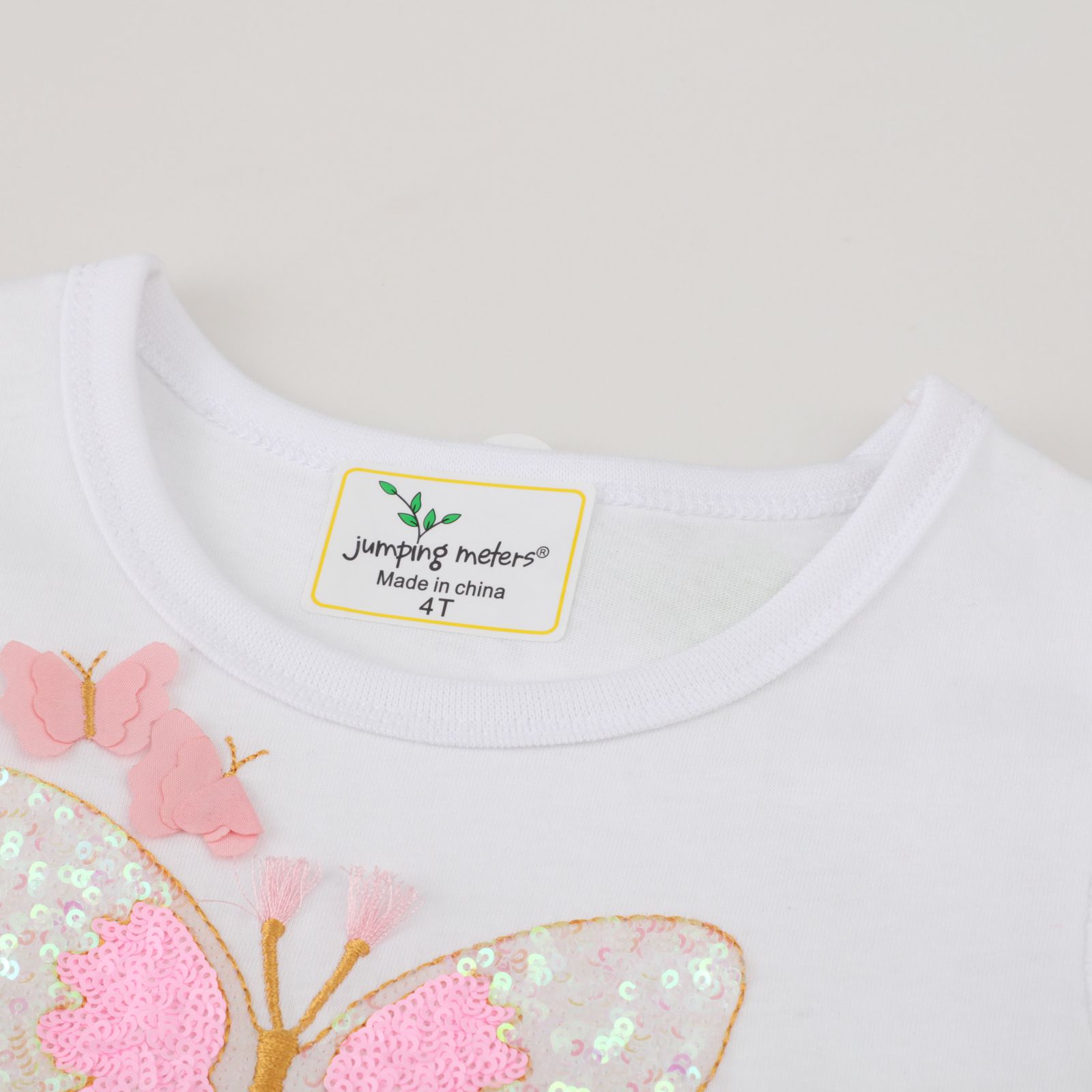 Jumping meters - 棉質圓領短袖網紗洋裝-亮片蝴蝶-白色