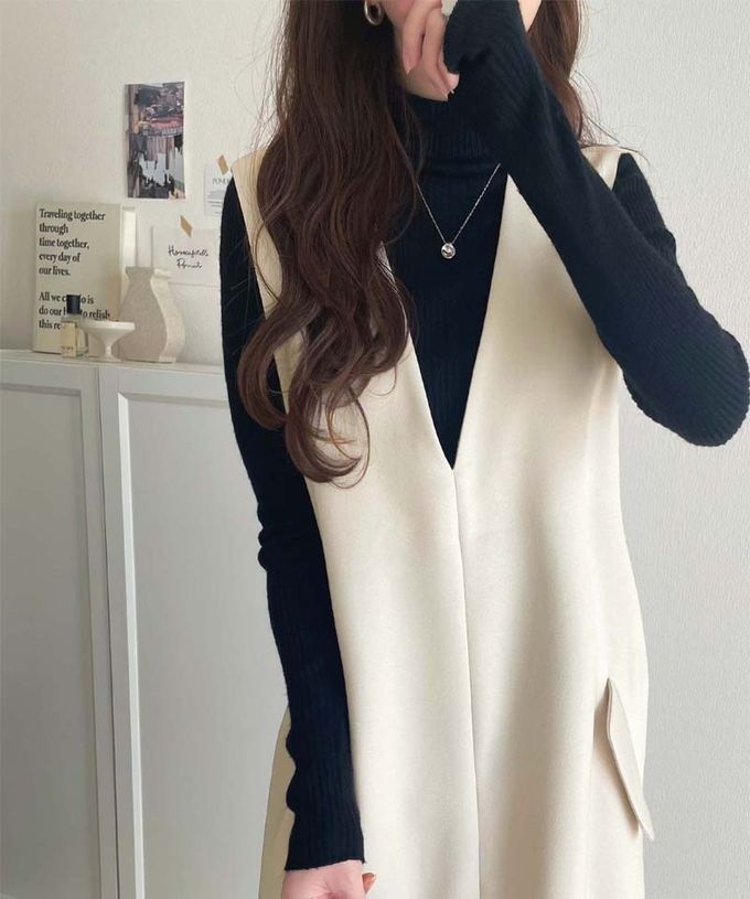 日本 Classical Elf - 簡約深V領氣質線條背心裙-炭灰