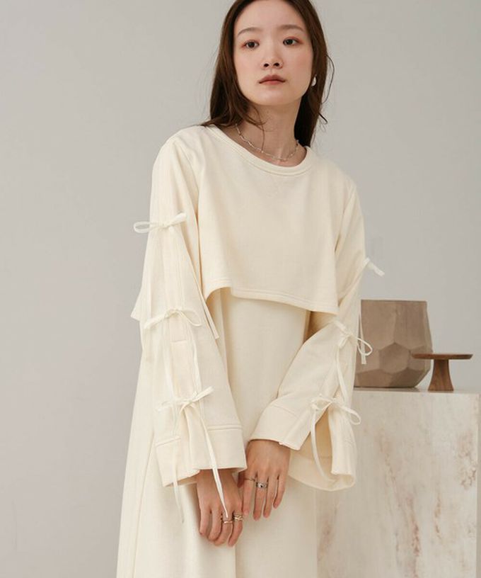 日本 Bab - 袖蝴蝶結層次感喇叭袖洋裝-淺棕 (M)