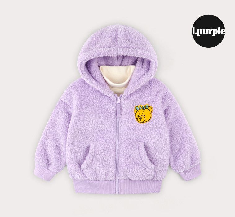 韓國 HEJMINI - 熊熊絨毛連帽夾克-卡其