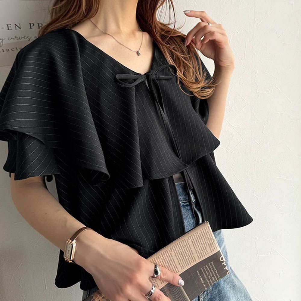 前後2way優雅荷葉大翻領上衣-細條紋-黑