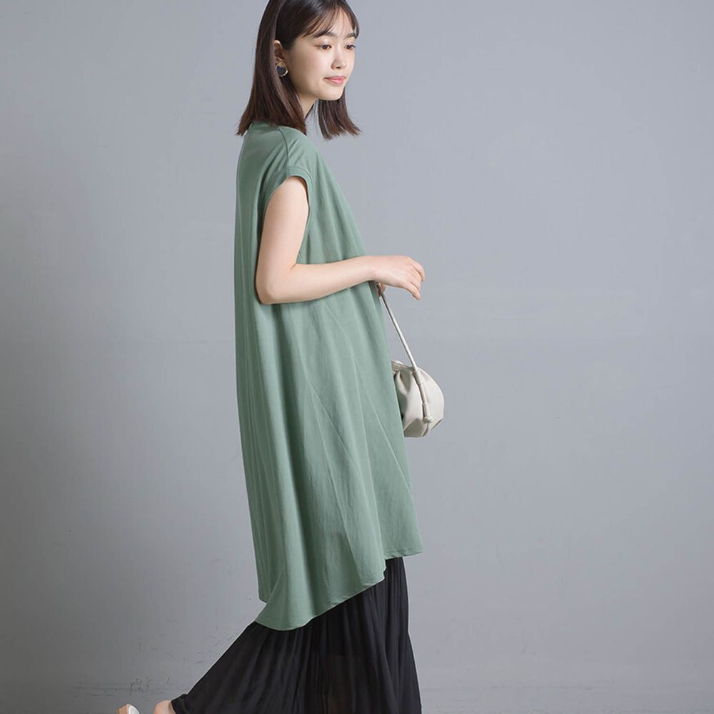 日本 OMNES - 接觸冷感 修身設計一分袖洋裝-綠 (F)