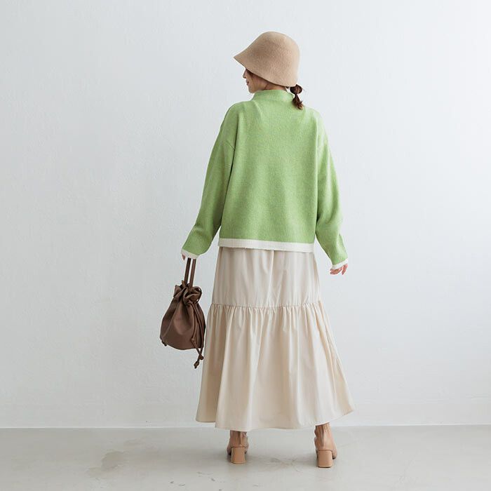 日本 ihuu - 下擺撞色立領針織毛衣-芥黃x杏
