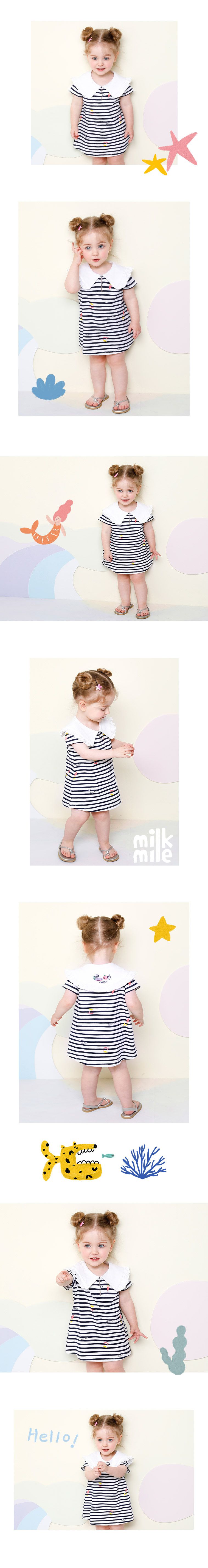 韓國 milk mile - 美人魚印花橫紋翻領洋裝-藍