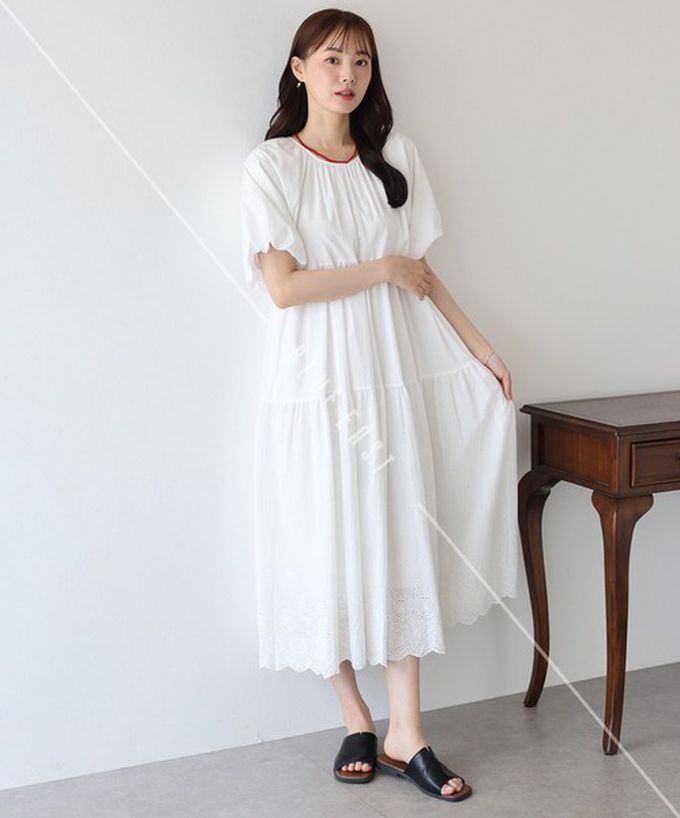 日本 BLUE EAST - 100%棉 下擺精緻蕾絲泡泡短袖洋裝-淺卡其