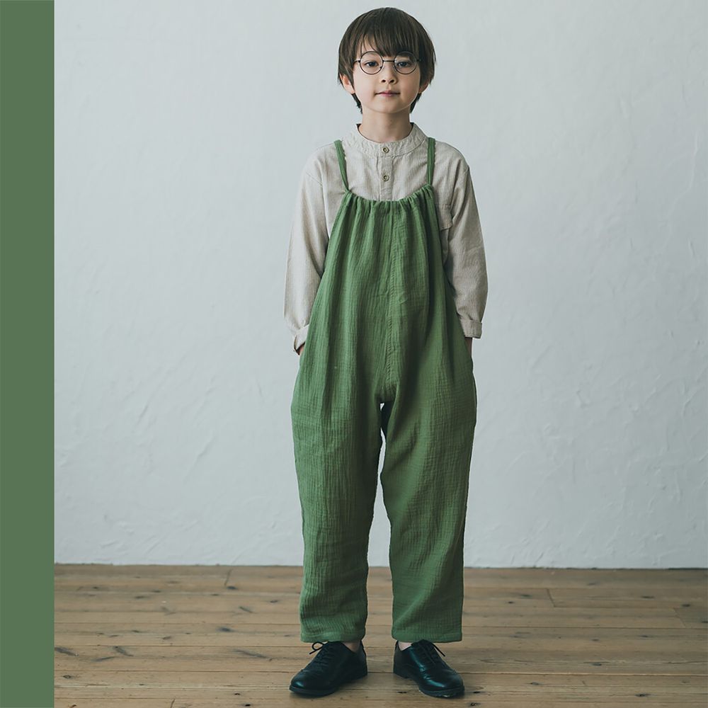 日本 riziere - 純棉 復古皺痕連身吊帶褲-卡其綠