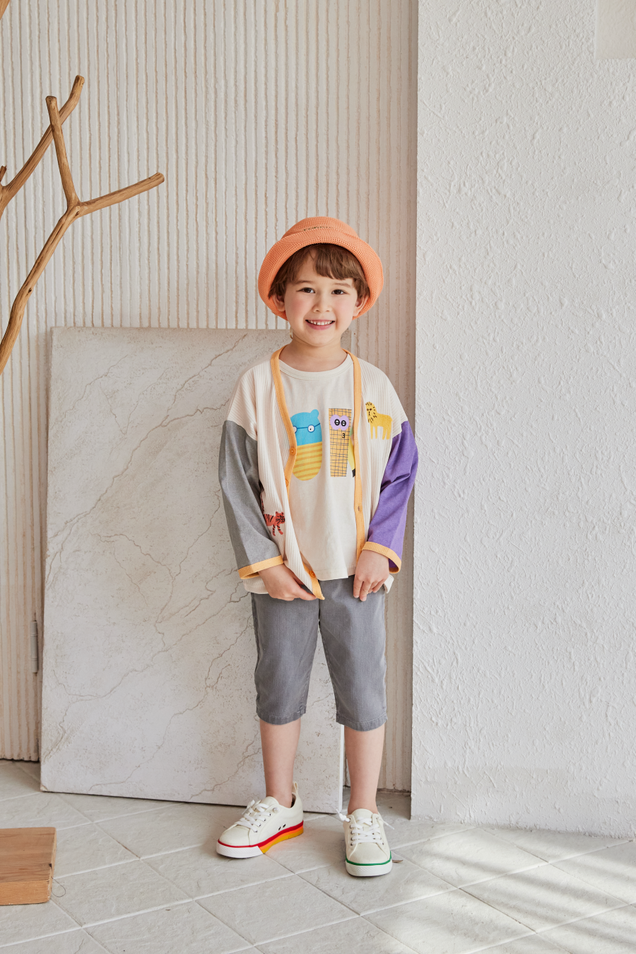 韓國 Mimico - 叢林動物拼接色針織外套-灰X紫