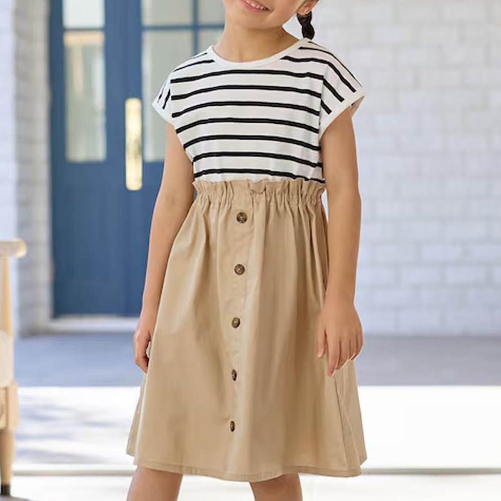 腰鬆緊拼接法式袖洋裝-卡其