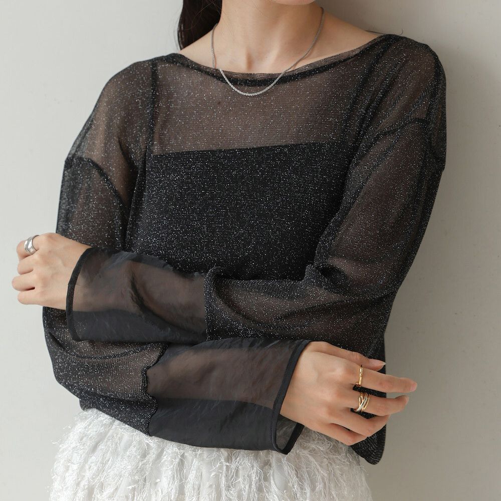亮麗光澤歐根紗拼接透膚薄長袖上衣-黑